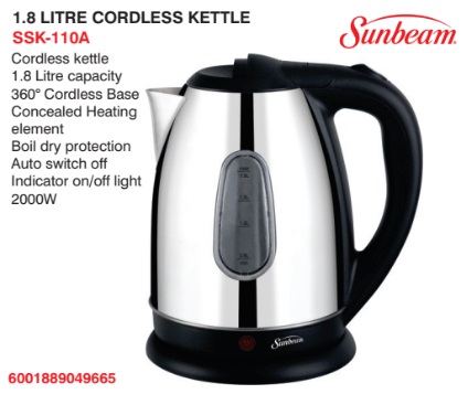 Sunbeam 1.8Litre cordless kettle SSK-110