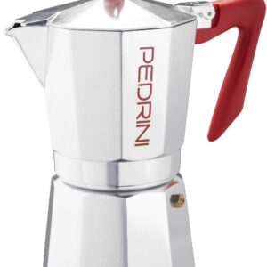 Pedrini Coffee Maker: Polished Aluminium 9 Cups - Red (9085-0)