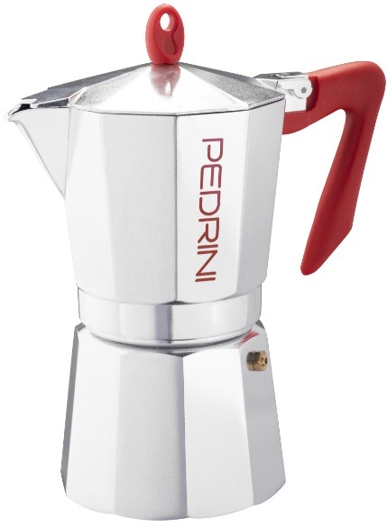 Pedrini Coffee Maker: Polished Aluminium 9 Cups - Red (9085-0)