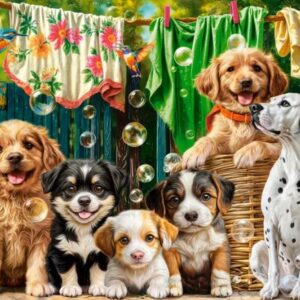 Puppies, Laundry and Bird Antics (500 Piece Puzzle)